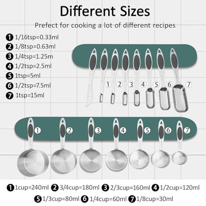 Magnetic Measuring Cups and Spoons Set, 15 Piece Stainless Steel Measuring Cups and Spoons for Measure Dry and Liquid Ingredients (Black) - color: Black