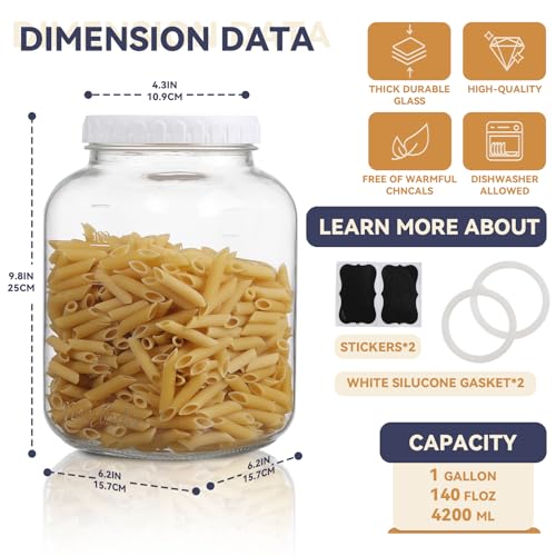 novelinks 2 Pack 1 Gallon Wide Mouth Glass Jars with Airtight Plastic Lids,Clear Square Large Mason Jar, Storage Containers for Fermenting, Pickling, Pantry, Canning - color: Plastic Lid