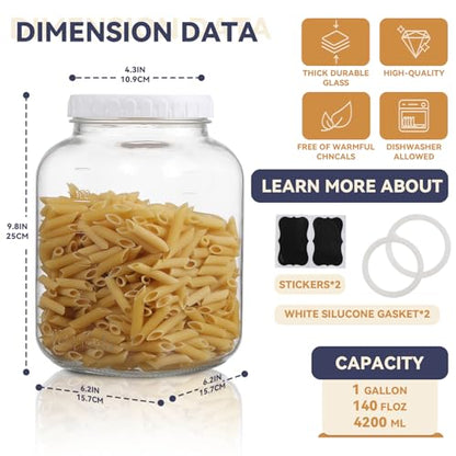 novelinks 2 Pack 1 Gallon Wide Mouth Glass Jars with Airtight Plastic Lids,Clear Square Large Mason Jar, Storage Containers for Fermenting, Pickling, Pantry, Canning - color: Plastic Lid