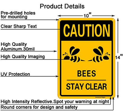 Caution Bees Stay Clear Sign,14 x 10 inches,Reflective Aluminum,Easy to Mount,UV Protected,Weather Resistant,Waterproof,Durable Ink,Outdoor or Indoor Use,2 Pack