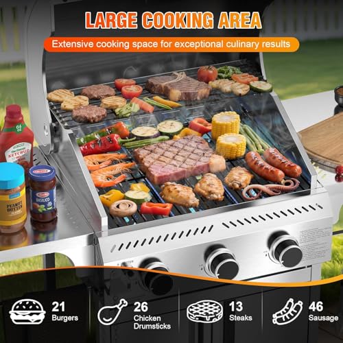 Electactic Propane Gas Grill, 3-Burner 24,000 BTU Stainless Steel BBQ Grill with Foldable Shelf for Outdoor Barbecue and Cooking - size: 3 Burner Gas Grills with Foldable Shelf