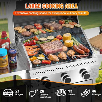 Electactic Propane Gas Grill, 3-Burner 24,000 BTU Stainless Steel BBQ Grill with Foldable Shelf for Outdoor Barbecue and Cooking - size: 3 Burner Gas Grills with Foldable Shelf