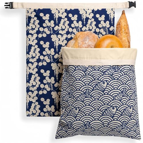 Beeswax Bread Bags for Sourdough, Japanese Indigo Bread Bags | 2 Pack, Reusable Natural Cotton Beeswax Storage, Large 17x12.6 inch, Detachable Buckle and Gift Box for Homemade Baguettes