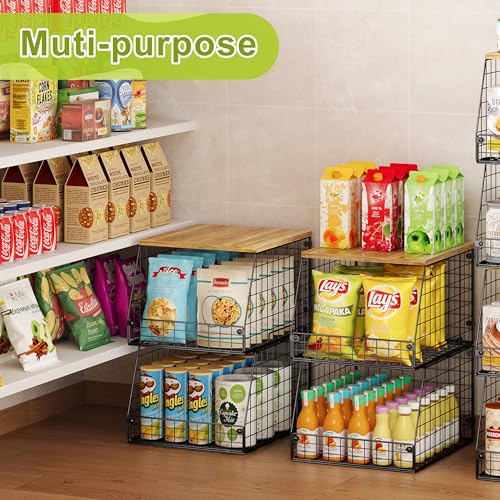 Jakyitvi 4 Pack Stackable Wire Baskets with Fixed Wooden Top, Vegetable Fruit Storage Bins for Onion Potato Snack, Pantry Baskets for Kitchen Cabinet Countertop, Pantry Organizers and Storage Rack - size: 4 Pack with Wooden Top