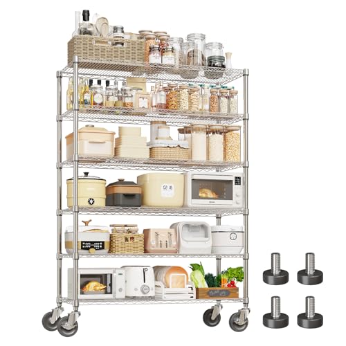 Garvee 2640LBS 6 Tier Metal Shelving with Wheels, Heavy Duty Storage Shelves Chrome Wire Racks for Garage Kitchen Commercial, Adjustable NSF Shelving, Rolling Pantry Shelf, 47" Wx18 Dx72.4 H | ﻿Heavy Duty Shelves Units for Garage Kitchen Organization, Adj
