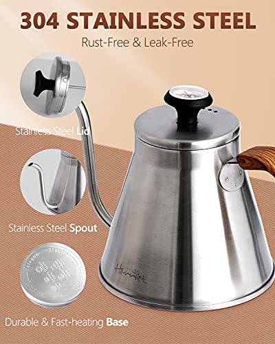 Harriet Gooseneck Kettle with Thermometer for Pour Over Coffee and Tea, 37 fl oz, Stainless Steel, Durable 3-Layer Base, Ideal Spout for Precision Pouring, Compatible with all Stove Tops - color: Stainless Steel