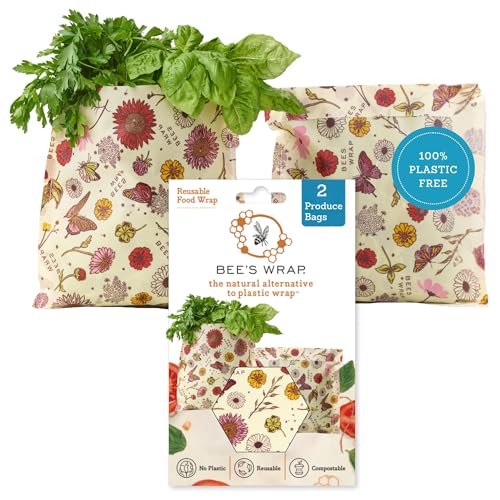 Bee's Wrap Beeswax Wraps for Food - 2 Meadow Magic Produce Bags - Made in USA Reusable & Organic Food Wraps & Reusable Sandwich Bags - Plastic Free Eco-Friendly Alternative to Aluminum Foil - style: Meadow Magic Produce Bags
