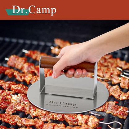 Dr.Camp 7 Inch Stainless Steel Smash Burger Press Burger Smasher Bacon Press Meat Press for Griddle Flat Top Grill with Solid Wood Handle Smooth Bottom Heavy Duty (Round) - style: Round