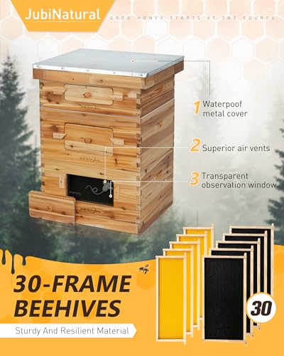10 Frame Langstroth Bee Hive Kit, 2 Deep & 1 Medium Box | 10-Frame Langstroth Hive with 2 Deep Brood Boxes, 1 Medium Honey Super, 30 Pine Frames and an Observation Window - size: 2Deep+1Madium Bee Box