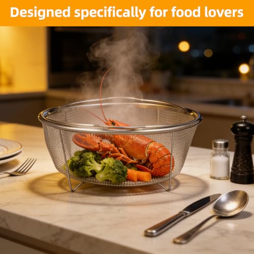 Unomor 9" Stainless Steel Fryer Basket – Mesh Deep Fry Strainer with Handle & Feet for Oil Draining, Steaming Veggies, Pasta, Eggs; Round Wire Insert Fits Most Pots for Home & Party Cooking