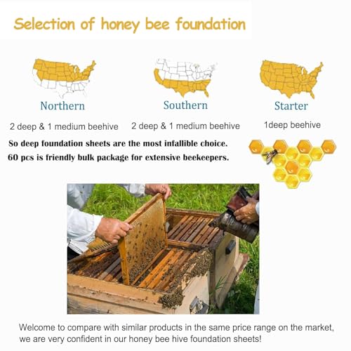 60pcs Bee Hive Foundation Sheets, 16.5" Beehive Wax Foundation, Deep Beeswax Foundation Sheets for Bee Frames Beekeeping Tools