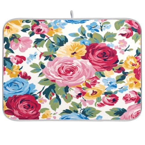 Kcldeci Pink Red Blue Yellow Florals Rose Dish Drying Mat Kitchen Counter Mat Draining Mat Kitchen Accessories Dish Rack Pad for Dishes, Utensils, Countertops, Sinks 18x24in - color: D13, size: 18x24in