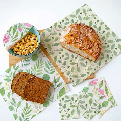 Beeswax Food Wraps, Pink Flowers and Green Leaves Wraps, 9 Pack Plastic-Free Food Storage, Sandwich, Bread, Fruit Covers, Organic, Sustainable, Zero Waste, Biodegradable, 1XL, 3M, 5S - color: Green Botanical2