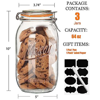 Anwoi Wide Mouth Mason Jars 64 oz 3 Pack Half Gallon Glass Jar with Airtight Lids, Large Mason Jar with Scale Mark Food Storage Canning Jars for Pickling Flour Sugar Pasta Oats Cereal - color: 64oz 3pack