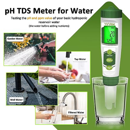 pH EC Meter for Water Hydroponics, PPM Meter for Nutrients, Measure pH PPM Conductivity Temperature of Hydroponic Garden Water and Nutrient Solution, EC pH TDS Meter for Water, Aquarium, Pool - color: Green pH meter