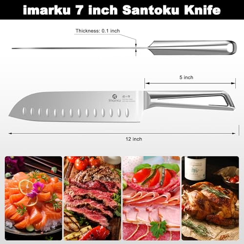 imarku Chef Knife Ultra Sharp Santoku Knife 7 Inch, High Carbon Stainless Steel Japanese Kitchen Knife with Hollow Edge | Seamless Ergonomic Handle, Gift Box for Meat/Vegetables/Tomatoes & Daily Prep - color: Brushed Silver