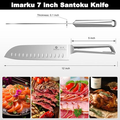 imarku Chef Knife Ultra Sharp Santoku Knife 7 Inch, High Carbon Stainless Steel Japanese Kitchen Knife with Hollow Edge | Seamless Ergonomic Handle, Gift Box for Meat/Vegetables/Tomatoes & Daily Prep - color: Brushed Silver