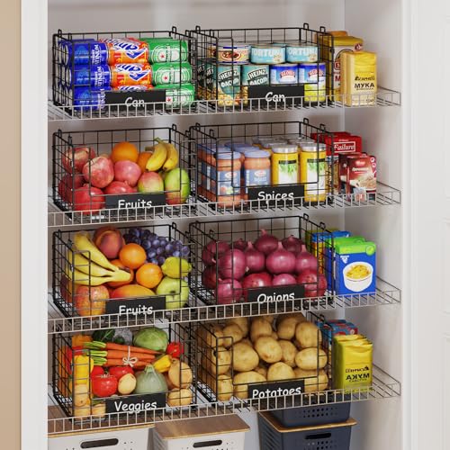 JKsmart 4 Pack XL Stackable Wire Baskets, Pantry Organizers and Storage with Name Plates, Muti-Purpose for Snack Organizer & Vegetable Basket & Fruit Basket - size: XL-12.2"x9.85"x28.65"