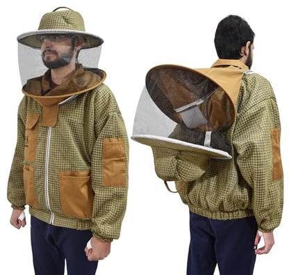 Ultra Ventilated Bee Jacket Beekeepers 3 Layer Beekeeping Jacket Sting Resistant Apiarist Jacket for Men & Women with Pair of Gloves (Khaki Round Veil, M) - color: Khaki Round Veil, size: Medium