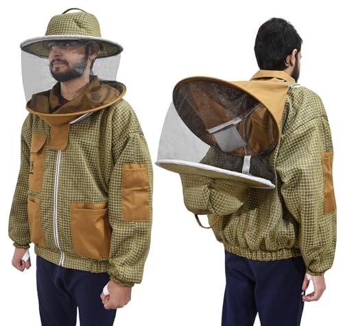 Ultra Ventilated Bee Jacket Beekeepers 3 Layer Beekeeping Jacket Sting Resistant Apiarist Jacket for Men & Women with Pair of Gloves (Khaki Round Veil, S) - color: Khaki Round Veil, size: Small