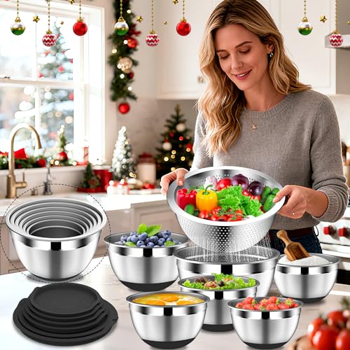 DUTZUN Mixing Bowls with Lids Set - 16pcs Stainless Steel Mixing Bowl Set with Colander, 3 Grater Attachments, Non-Slip Bottom, Metal Nesting Bowls with Strainer for Mixing & Serving - Black - style: 16PCS Black W Nonslip Silicone