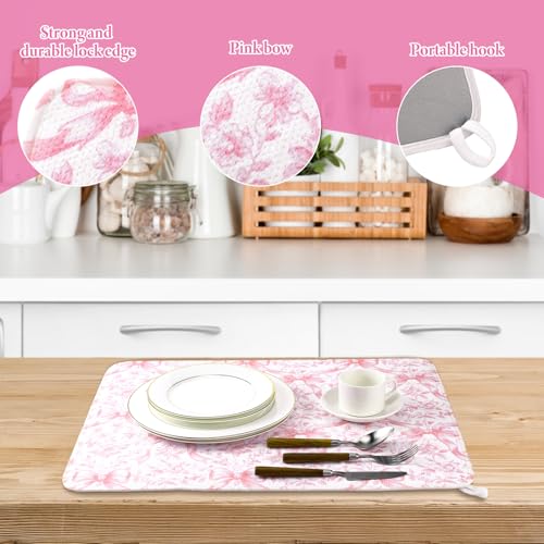 SiliFine 2 Pcs Large Coquette Pink Bow Dish Drying Mat Large for Kitchen, 18 X 24 Inch Bow Absorbent Microfiber Coffee Bar Pad for Women Counter Kitchen Home Accessories Party Gifts - style: Pink Bow