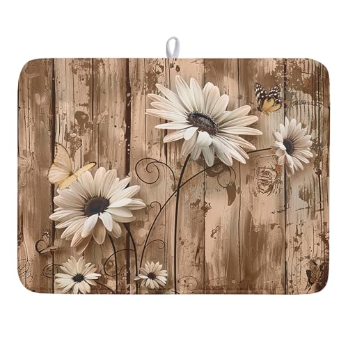 Summer Daisy Flowers Dish Drying Mat for Kitchen Counter 18x24 Inch Rustic Daisy Absorbent Dish Drying Mat Wood Microfiber Reversible Drying Pad Dish Drainer Mat for Countertops Tableware Decor - color: Rustic Daisy, size: 18" x 24"