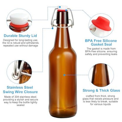 2 Pack Amber Glass Beer Bottles, 16oz Swing Top Glass Bottles with Airtight Lid for Home Brewing,Kombucha, Vanilla Extract, Coquito, Vinegar, Beer