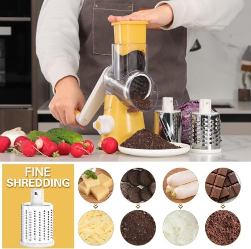 Cambom Rotary Cheese Grater Hand Crank Cheese Shredder for Fresh Cheese, Vegetable, Nuts,Non-slip Suction Base, Free Cleaning Brush Three Blades,Yellow - color: Yellow, size: 3 BLADES