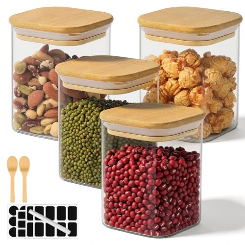 Glass Jars with Bamboo Lids, 15 Fl.oz Glass Storage Jars with Airtight Lids Set of 4, Clear Pantry Containers for Spice, Sugar, Coffee, Tea, Nuts, Beans - Included Labels, Marker and Spoon - color: 4 Pack, size: 15 fl.oz