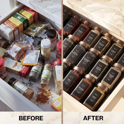 EDELHAUS Glass Spice Jars with Label, 24x Champagne Bronze Steel Lids | Airtight lids keep spices fresh; use as a spice organizer, seasoning containers or 4 oz jar set; funnel, brush & 240 labels - color: Champagne Bronze Stainless Steel Lid