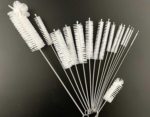 16 Pieces Bottle Brush Set, Nylon Bottle Brush with Flexible Stainless Steel Handle, Small and Long Handle Brush for Washing Narrow Neck Bottle, Straw, Pipes, Cup, Tube, Sink (White) - color: White