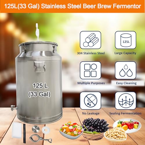 125L Stainless Steel Fermentation Tank with Faucet, 304 Food-Grade Brewing Bucket, 33-Gallon Capacity for Beer, Wine, Yogurt, Multiple Purpose Fermentor & Food Storage Tank for Home Brewing