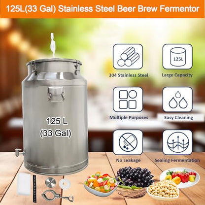 125L Stainless Steel Fermentation Tank with Faucet, 304 Food-Grade Brewing Bucket, 33-Gallon Capacity for Beer, Wine, Yogurt, Multiple Purpose Fermentor & Food Storage Tank for Home Brewing