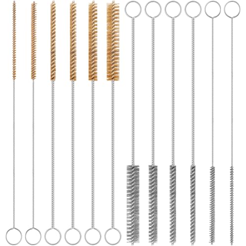 12-Pieces Brass Wire Brush Stainless Steel Wire Brush Set 12" Long Pipe Cleaners Parts Cleaning Brush Metal Brush for Cleaning Tubes, Cylinders, Bottle, Auto Parts (6mm/8mm/10mm/15mm/18mm/20mm)
