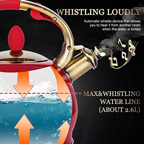 SUSTEAS Stove Top Whistling Tea Kettle - Food Grade Stainless Steel Teakettle Teapot with Cool Touch Ergonomic Handle, With 1 Silicone Pinch Mitt Included, 2.64 Quart(RED) - color: Red