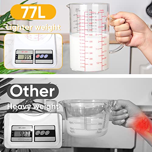 77L Glass Measuring Cup with Handle, [Double-Sided Measuring Scale, V-Shaped Spout, Insulated handle], High Borosilicate Glass Measuring Cup with Three Scales (OZ, Cup, ML) for Liquid (4 Cup) - size: 4 Cup (1000 ml)