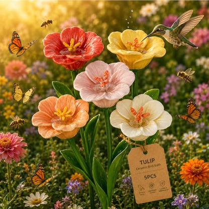 Bee Watering Station for Garden Cups Bird Butterfly Bees Ceramic Drinking and Water Bath Feeder Cup Blossoms Flowers Shaped Design Poppies Bowl Wildlife Feeding 5PCS Watring Pollinator (5PCS-F) - color: 5PCS-F