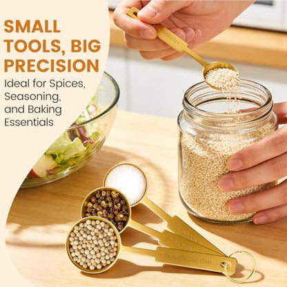 Gold 304 Stainless Steel Measuring Cup and Spoon Set, Stackable, 8-Piece, Long Handle for Narrow Bottles, Premium Gold Kitchen Utensils for Cooking and Mothers Day Gift - color: 8 set