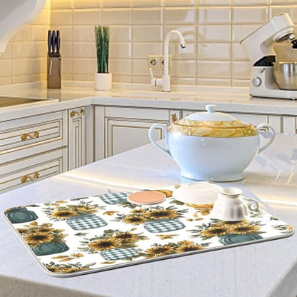 Autumn Sunflower Mason Jar Art Dish Drying Mat Super Absorbent Drying Mat Large Dish Drying Mats for Kitchen Counter Easy Clean Dish Mat Kitchen Drying Mats 18 x 16 Inch - size: 16x18in