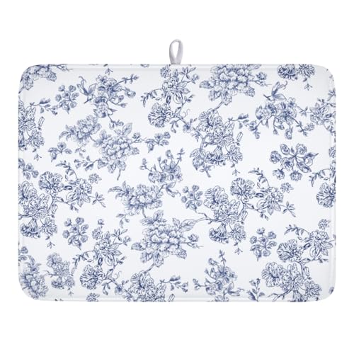 Blue Floral Dish Drying Mat for Kitchen Counter Chinoiserie Flower Microfiber Dish Drainer Mat Vintage Rustic Elegant Absorbent Washable Drying Pad Extra Large 18"x24" - color: Elegant Blue Flower, size: 24" x 18"