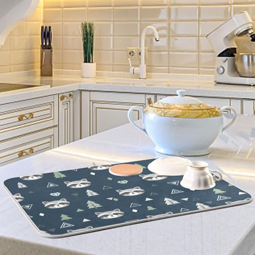 Winter Raccoon Tree Blue Dish Drying Mat for Kitchen Counter Super Absorbent Draining Mat with Non-slip Backed Dish Drying Pad for Countertops Sinks Draining Racks Dish Bottles Cups Bowl