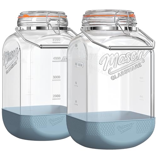[NEW] 2 Pack Square 1.5 Gallon Glass Jar with Hinged Airtight Lid, Large Mason Jars Wide Mouth with Handle, Glass Storage Containers with Non-slip Base for Pantry, Laundry Room, Flour, Rice, Dog Treat