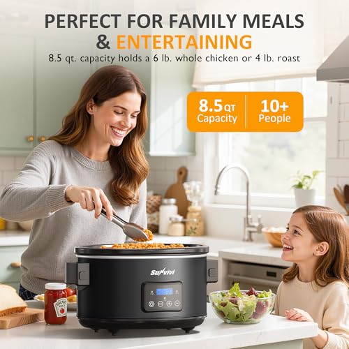 Sunvivi 8.5 Quart Programmable Slow Cooker: Multi-Cooker Food Warmer with Locking Lid & Digital Timer, Adjustable Tempature Control, Dishwasher Safe, Perfect for Families and Gatherings, Black - color: Black