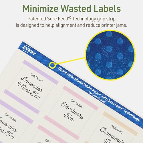 Avery Dissolvable Square Labels, Sure Feed Technology, 2" x 2", Matte White, Print-to-The-Edge, Laser/Inkjet Printable, 120 Labels Total - style: 120 labels