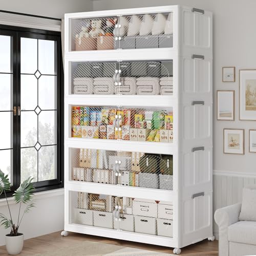 150Gal/600QT 5-Tiers Extra Large Stackable Storage Bins with Lid, Collapsible Cabinet Closet Organizer Plastic Container Box with Wheels Doors Drawers for Office Dorm Kitchen, White - color: White, size: 30Gal-5Pack