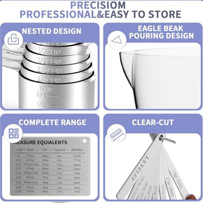 Stainless Steel Measuring Cups and Spoons Set, 6 Stainless Steel Measuring Cups, 7 Measuring Spoons & 1 Leveler, 3 Plastic Measuring Cup with 1 Measuring Conversion Chart - color: Sliver-Round Measuring Spoons and Cups Set