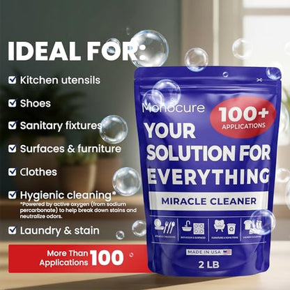 Monocure Miracle Cleaner - Multipurpose Oxygen Bleach Powder with Sodium Percarbonate - Detergent Cleaner for Bathroom, Shower, Floor, Grout, Upholstery, Kitchen and Clothes Stain Remover