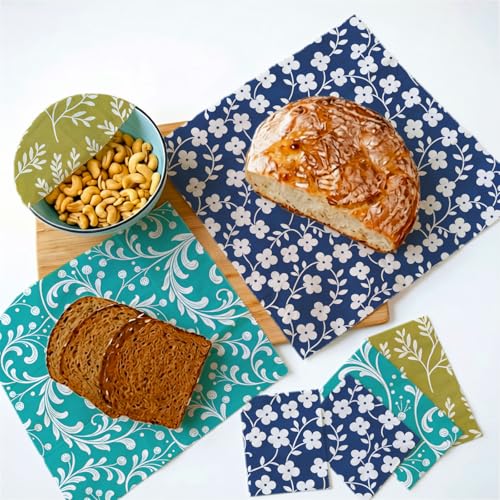 Reusable Beeswax Wraps, Blue Green Floral Wraps, 9 Pack Sandwich, Snack, Bowl, Food Storage, Organic, Sustainable, Zero Waste, Plastic-Free, Eco-Friendly, 1XL, 3M, 5S - color: Green Botanical4
