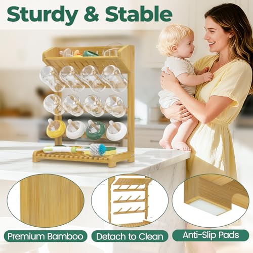 EsLuker.ly Baby Bottle Drying Rack Bamboo Vertical Dryer Holder, Space Saving for 12 Milk Glass Bottle Countertop, Wooden Drain Stand Shelf for New Parents - size: 13.1 In